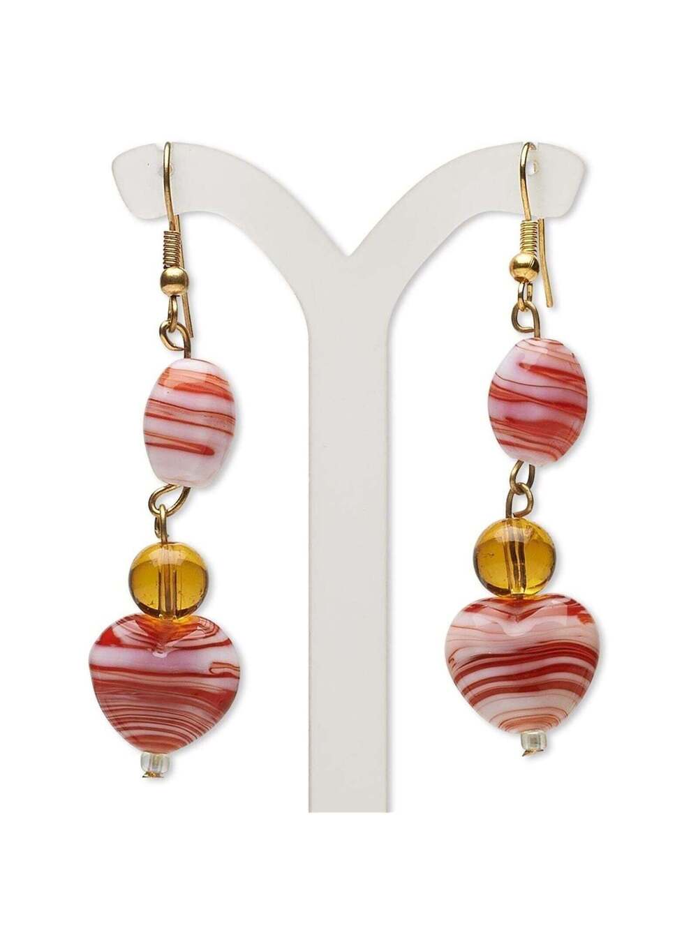 Handcrafted India Red White Amber Glass Heart Beads Brass Earrings